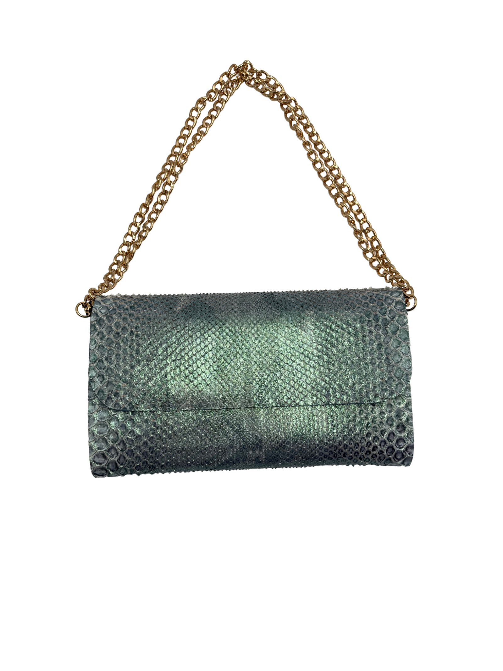 A medium-sized clutch handbag with a python skin pattern and a silver chain strap.