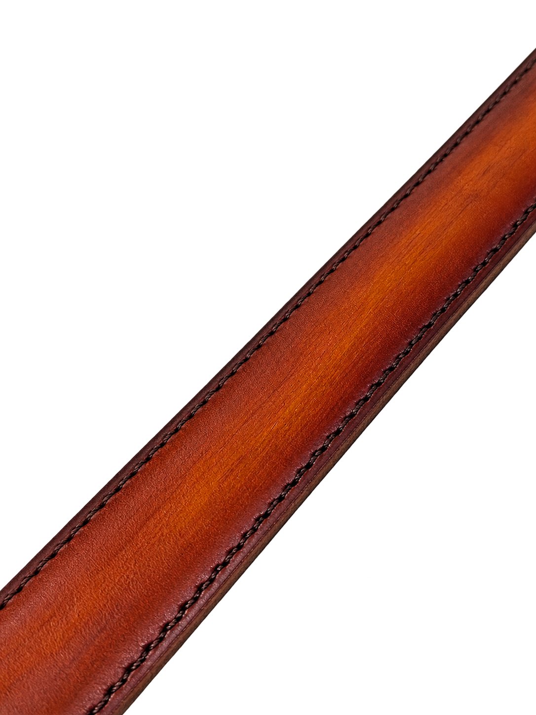 Hand-burnished leather belt strap detail